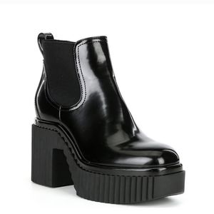 Gianni Bini Black Patent Lug Sole Chunky High Heel Pull On Boots Ryker 9 9 1/2